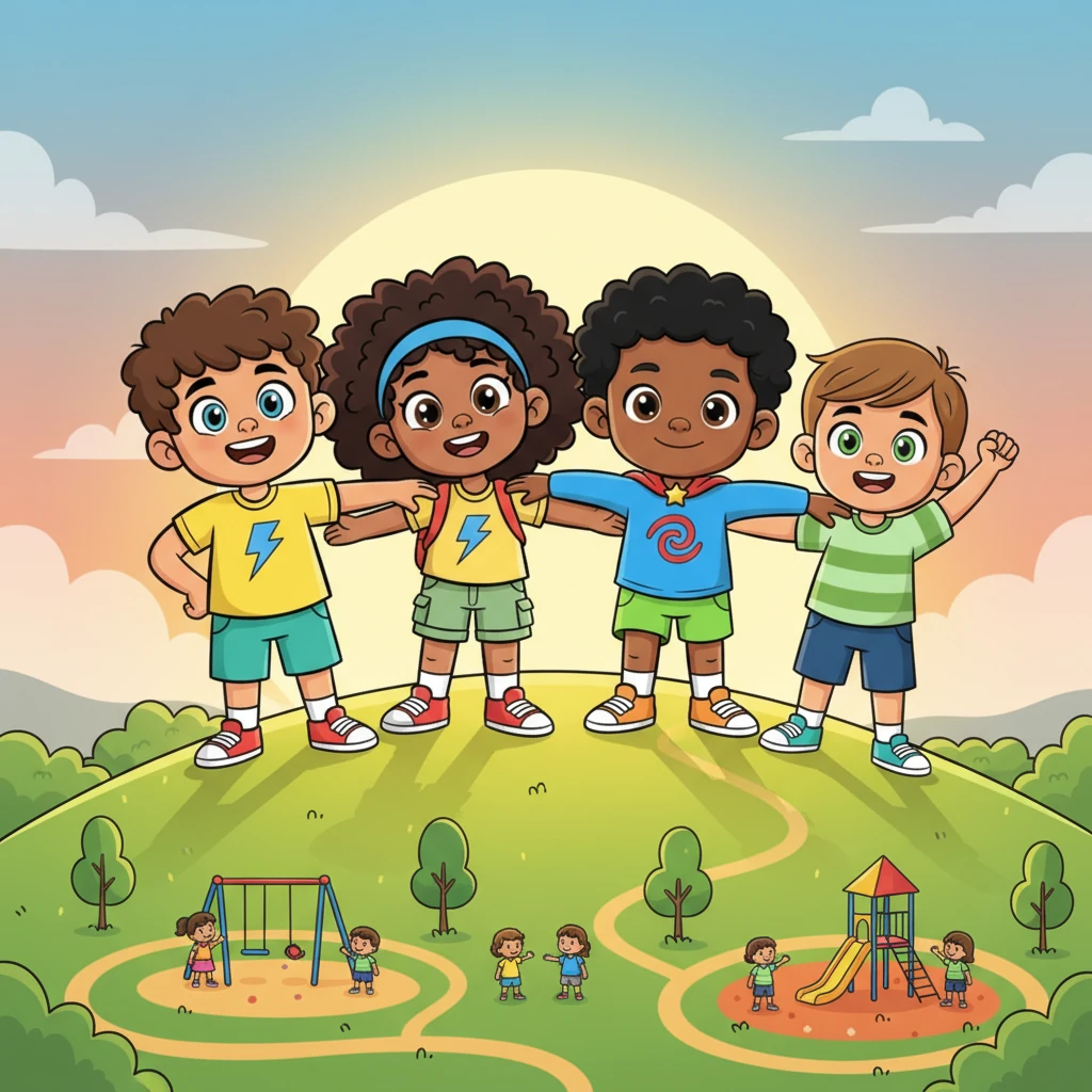 Reaching the summit, the four friends stand triumphant, their chests heaving, but their faces beaming with an incredible sense of accomplishment. Arms linked, they gaze out over the park, not just feeling strong, but truly unstoppable, their bond shining brighter than the sun.