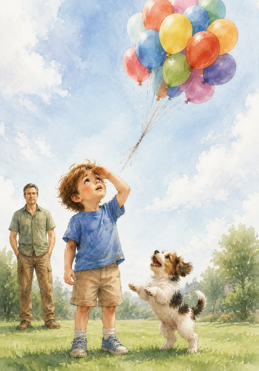 A small boy named Tim stands on his lawn, squinting against the bright sun as a cluster of colorful balloons rises into the sky. He watches them float away, wishing he could fly too, while his small puppy, Pip, leaps and barks at his feet.