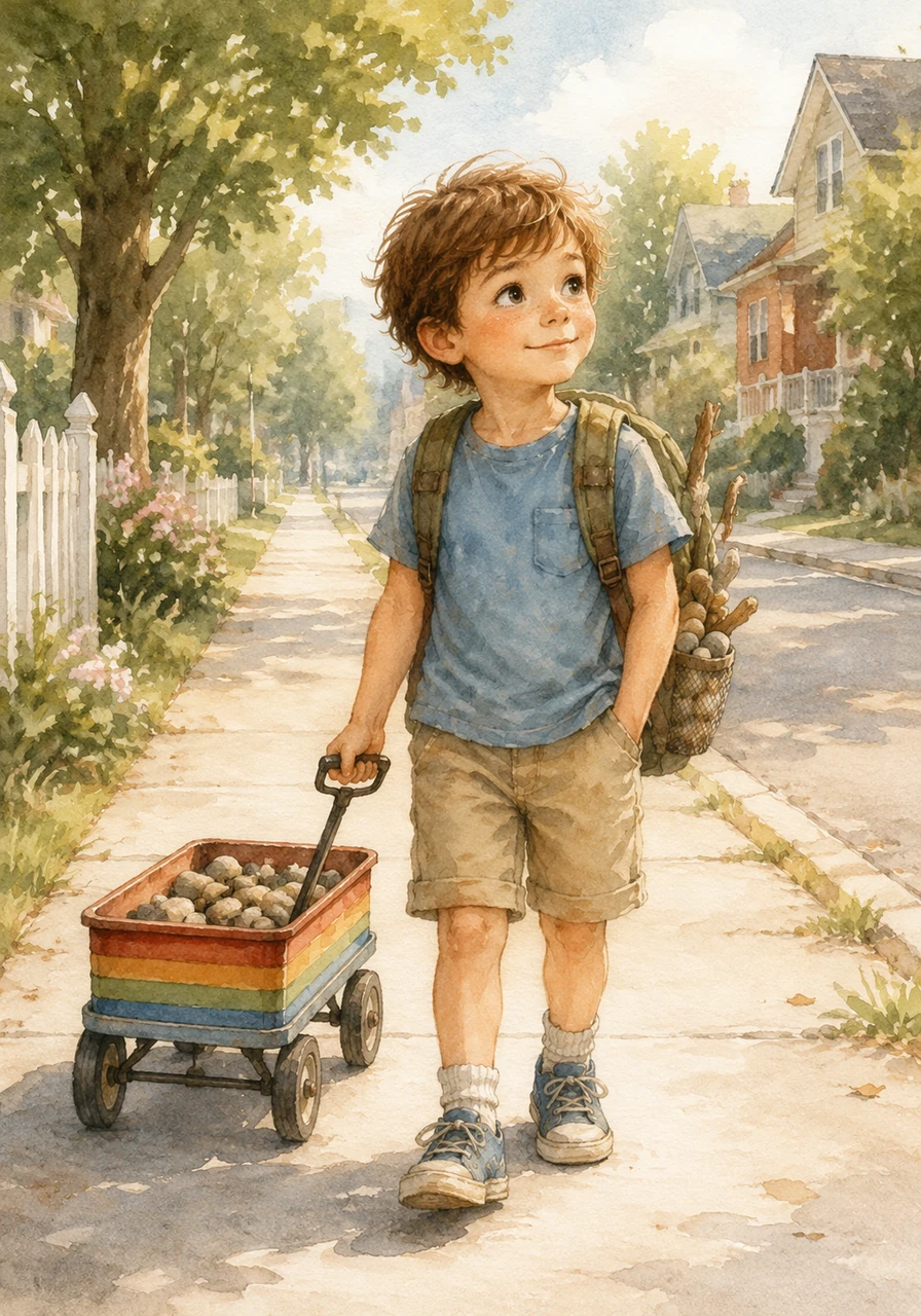 Tim walks down his neighborhood sidewalk, dragging a colorful, striped wagon. His backpack holds a curious collection of shiny pebbles and a smooth, weathered stick, treasures found on previous walks. He feels a quiet sense of adventure as he explores the familiar streets.