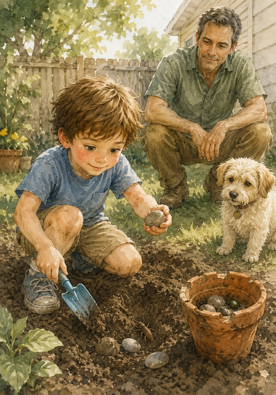 In his backyard, Tim digs deep in the dirt with a plastic trowel, searching for buried treasure. He carefully unearths smooth stones and unusual insects, each discovery fueling his imagination, and deposits them into a chipped terracotta pot.