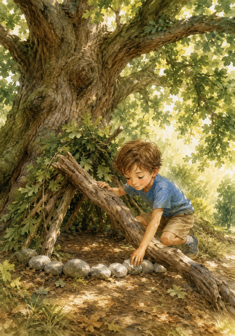 Using a large, fallen branch, Tim builds a temporary fort beneath the spreading leaves of an ancient oak tree. This leafy hideaway is his secret castle, protected by a border of smooth river rocks, where he can escape into imaginary worlds.