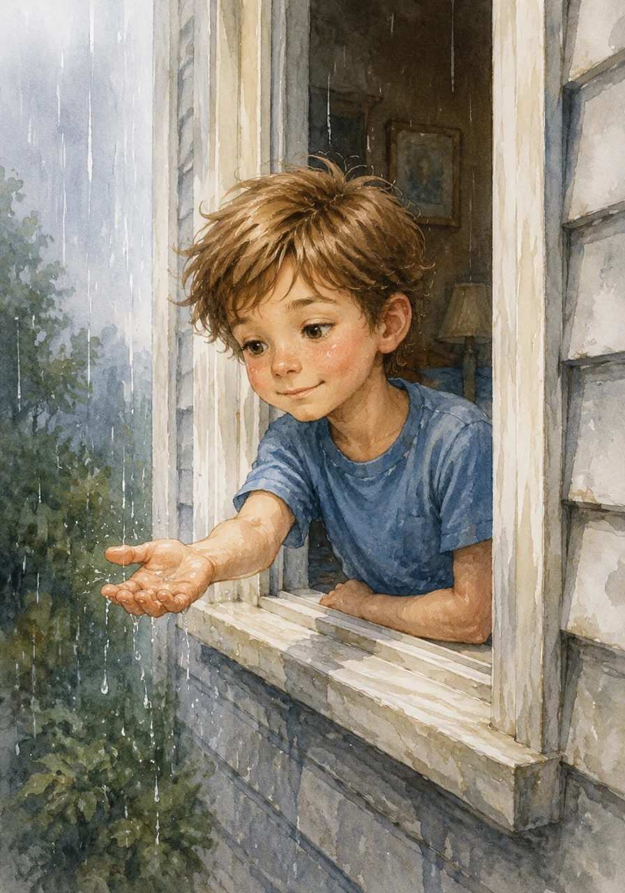 Later that afternoon, a gentle rain begins to fall. Tim leans out of his bedroom window, extending his palm to catch the cool droplets, fascinated by the patterns they make as they splatter.