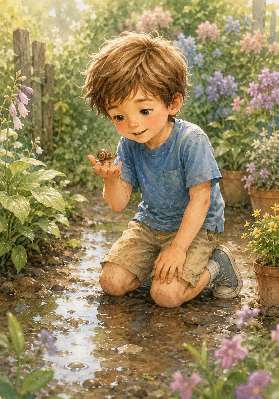 When the rain stops, the garden is lush and vibrant, dotted with small puddles that sparkle like scattered diamonds. Tim carefully picks up a tiny garden snail, marveling at its delicate, striped shell.