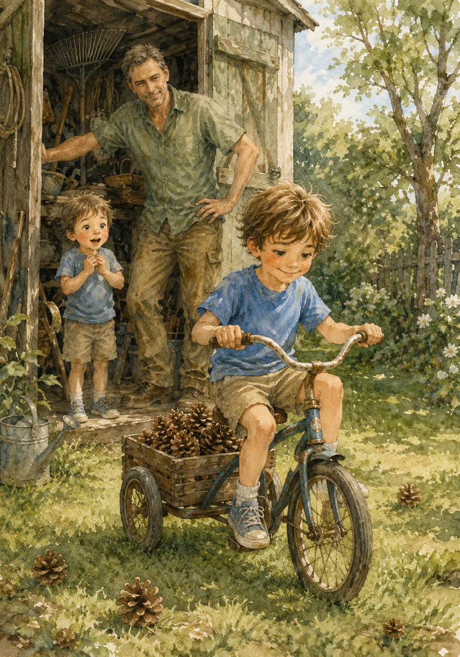He notices an old, forgotten tricycle in the garden shed and decides to give it a new purpose. After several attempts, he manages to balance it upright and uses it to transport a load of pinecones across the grassy yard.
