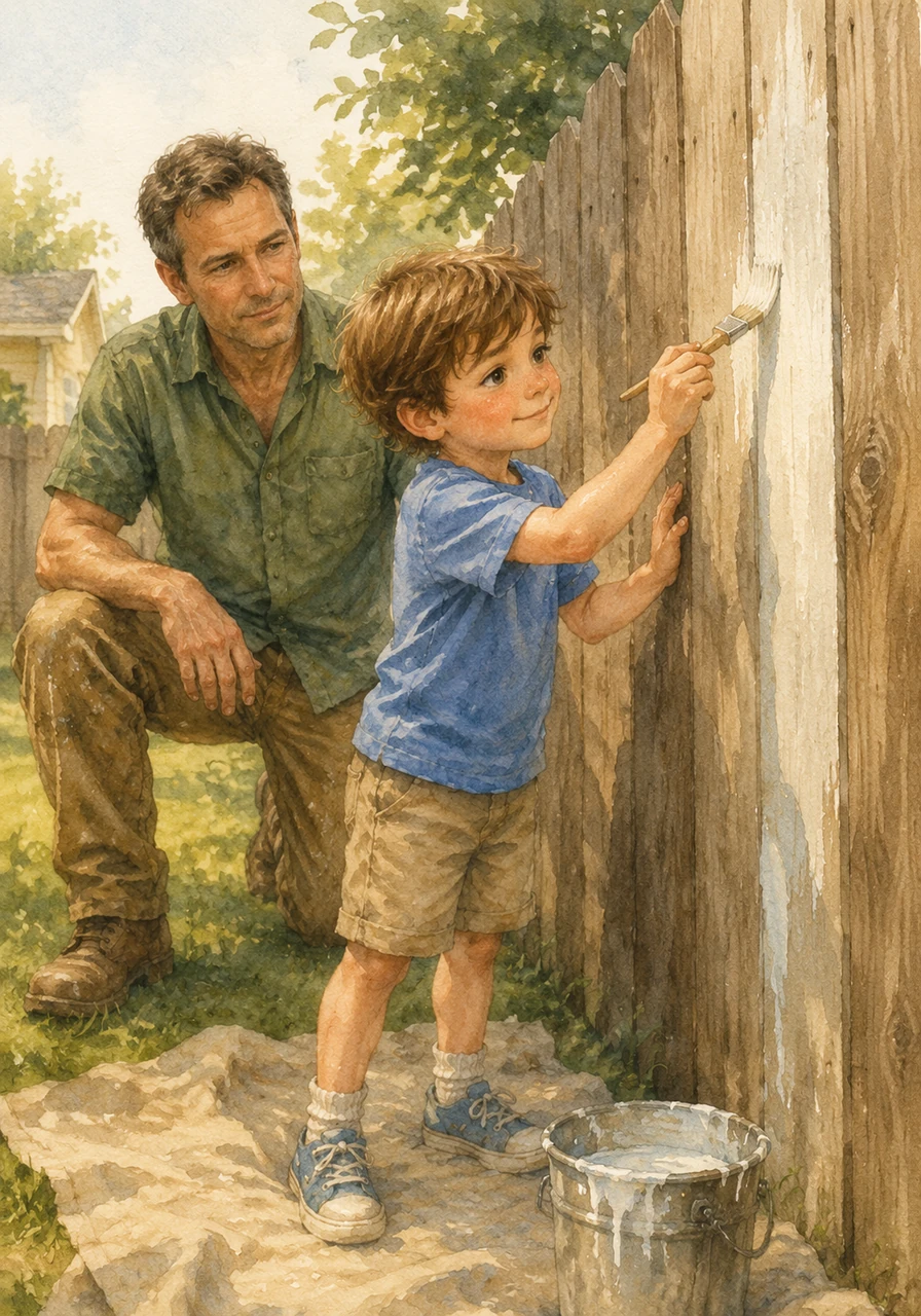 He helps his father paint a section of the wooden fence, his strokes careful and deliberate. He uses a small brush to fill in the crevices, proud to contribute to the family project.