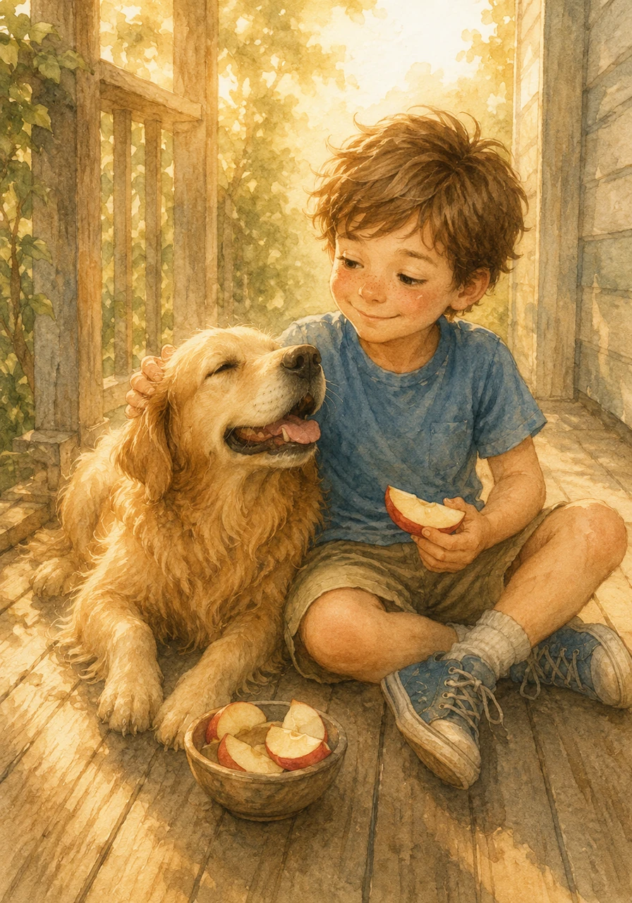 The afternoon sun is warm, and Tim feels a pleasant exhaustion after his day of exploration and work. He shares a snack of fresh, red apple slices on the porch with Pip, who receives many scratches behind his floppy ears.