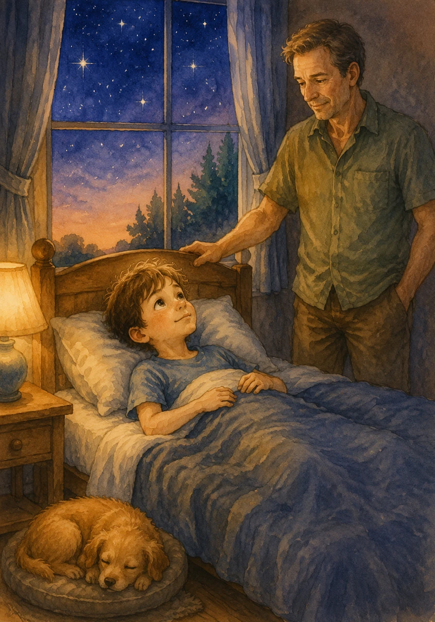 As twilight deepens, the first stars begin to appear. Tim gazes up through the window, feeling peaceful and content after his day, and is soon sound asleep.