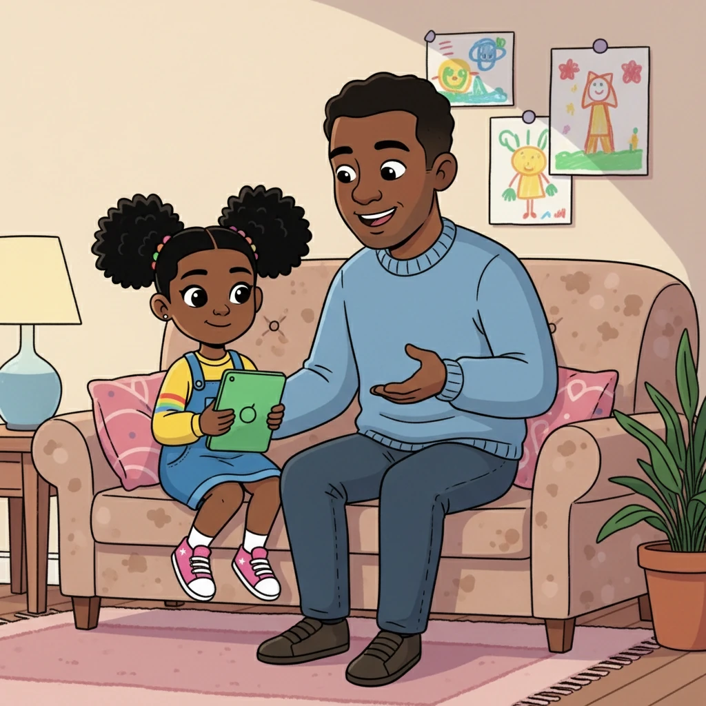 Dad smiled reassuringly, reminding Imani that she could be anything she wanted. He encouraged her to share her thoughts, promising to help her in any way he could. Imani, her eyes starting to sparkle, pulled out her iPad.