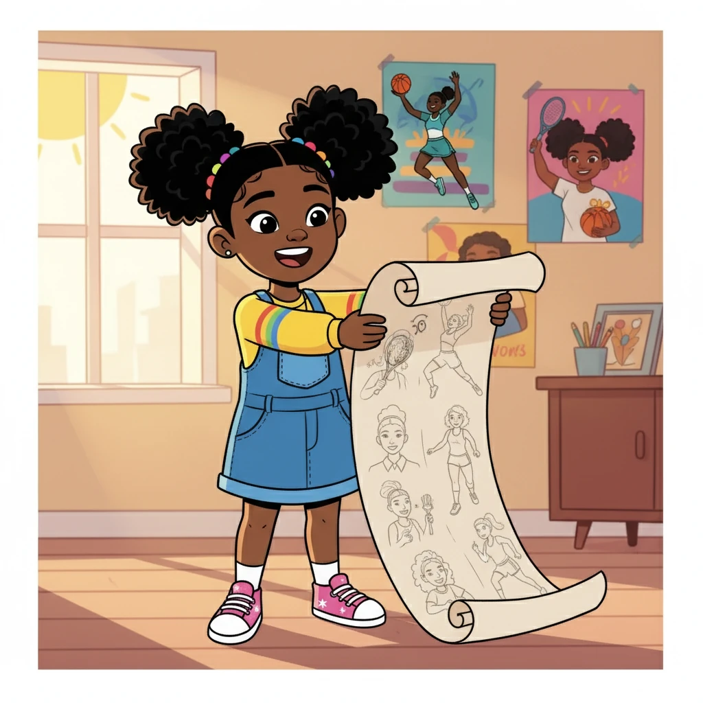 Imani excitedly read from her list, naming incredible women she admired. She wanted to be a GOAT like Serena, ball like Candace, and run like Sha'Carri. The list went on, filled with inspiring names.