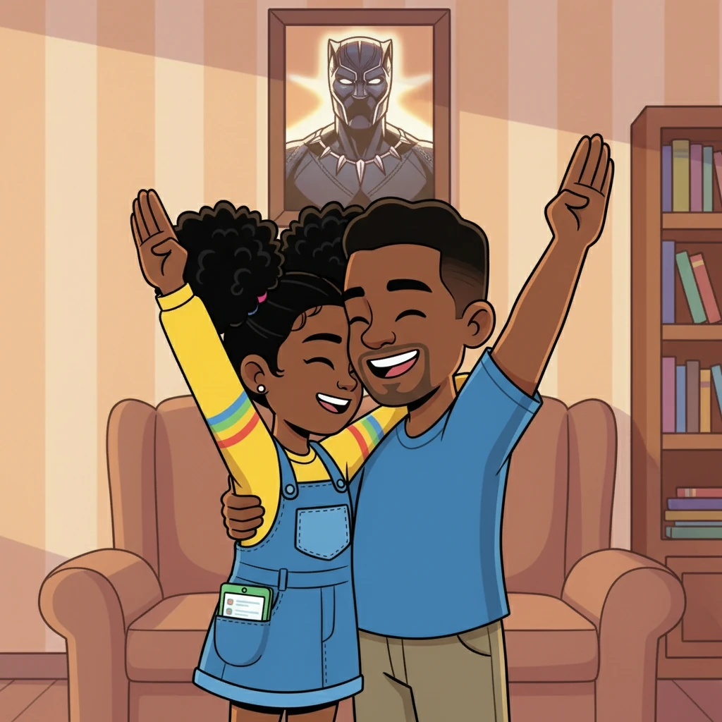 Imani wasn't finished, she wanted to be as strong as Shuri from Wakanda. Imani and her dad embraced, shouting 'Wakanda Forever!', honoring King T'Challa. Then, she continued her list.
