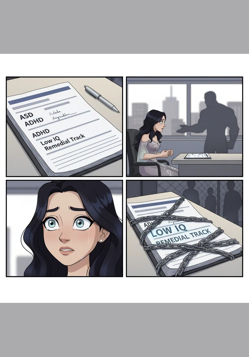 In the harsh, clinical light of an office, a medical file lies open, the ink stark against the paper. The labels for ASD and ADHD are clear, but the words Low IQ and Remedial Track sting the most, marking the beginning of her institutional branding.