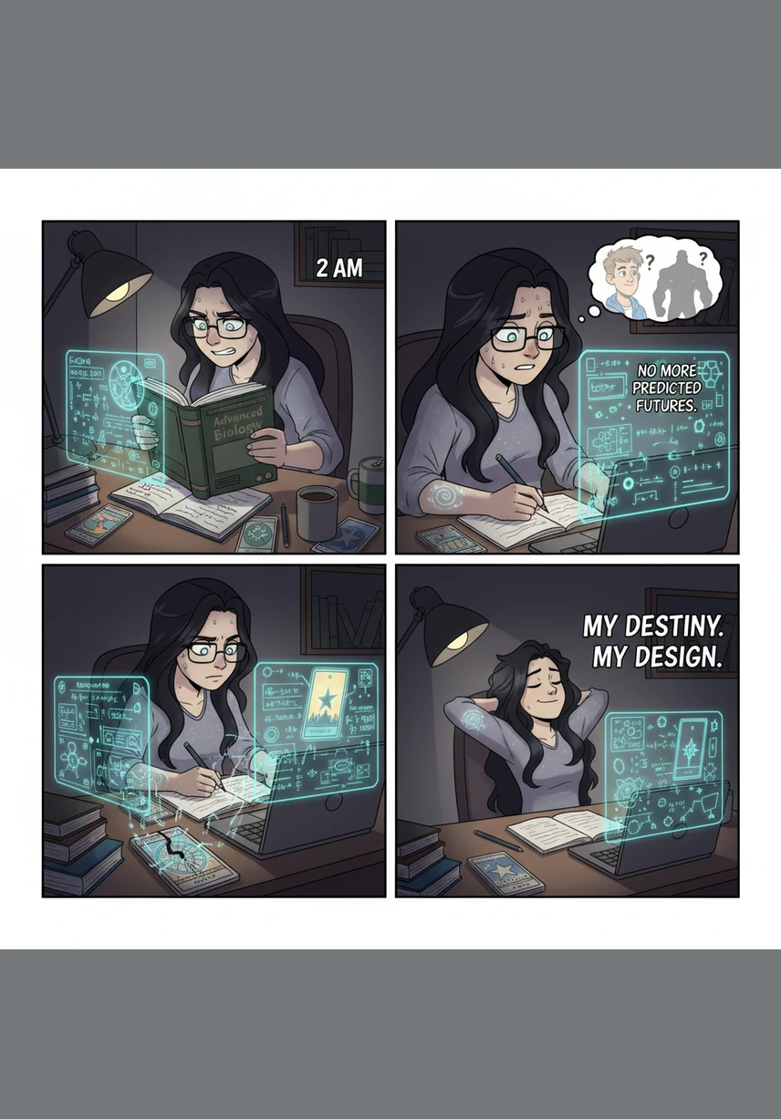 At two in the morning, Charli’s room is a sanctuary of focus, lit only by a desk lamp and the glow of bioinformatics diagrams. She white-knuckles a Biology textbook, surrounded by tarot cards and the quiet determination to rewrite her own destiny through sheer force of will.