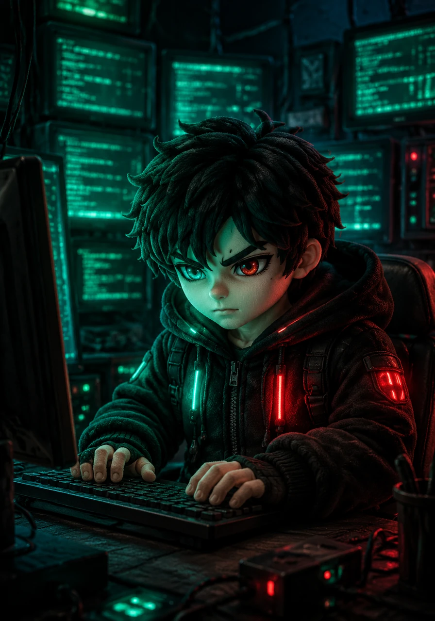 Cyrus sits before a wall of monitors in a dimly lit room, his face illuminated by the soft glow of emerald lines of code. He begins his mission to create the most secure digital gateway the city has ever seen, a task requiring both logic and artistry.