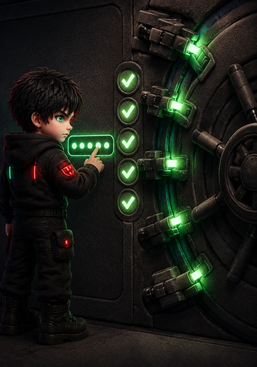 As he adds a capital letter and a hidden number, small icons beside the input field transform into bright green checkmarks. The requirements are being met one by one, like heavy iron locks clicking into place on a massive vault door.