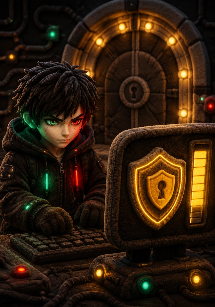 The strength meter shifts from a cautionary red to a steady, golden yellow as the password grows more complex and layered. Cyrus watches the progress intently, knowing the gateway is becoming more resilient with every keystroke.