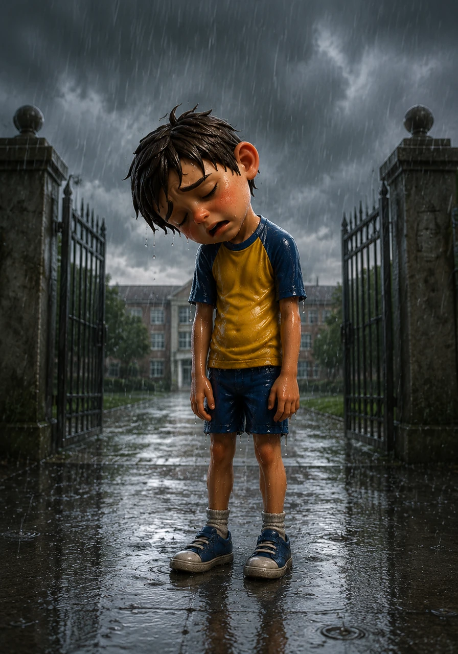 Leo stepped out of the school gates just as the sky turned a heavy shade of charcoal. Suddenly, the clouds burst, and a relentless downpour soaked the pavement while Leo stood there, completely unprotected and without an umbrella.