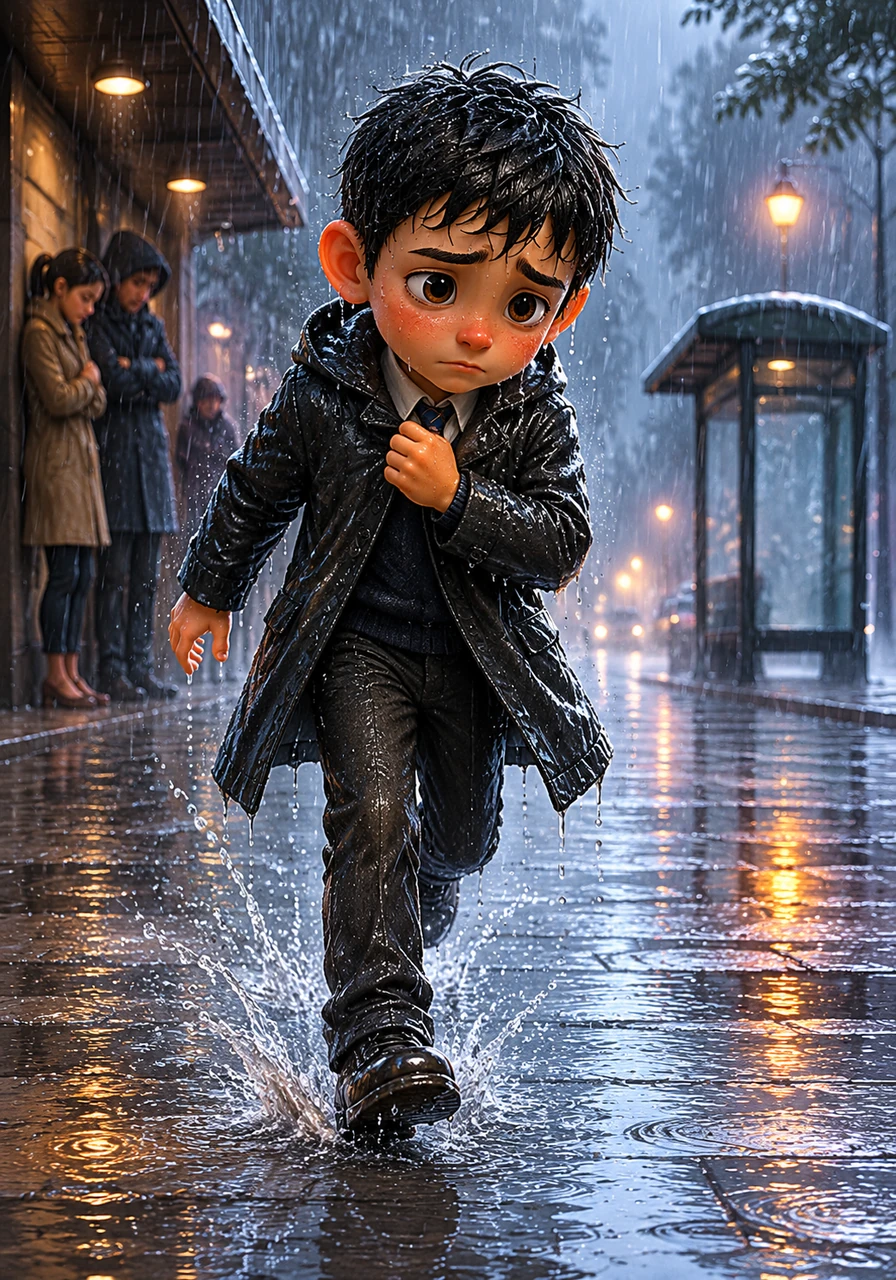 The street became a blur of grey mist and splashing puddles. Leo hurried toward the bus stop, his clothes clinging to his skin, watching as people huddled under awnings to escape the sudden deluge.
