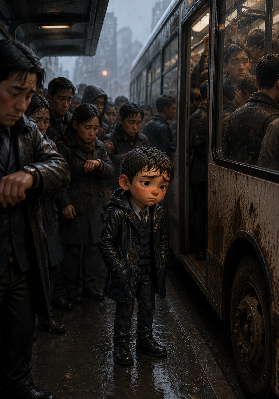 A massive crowd gathered at the narrow bus shelter, everyone shivering and checking their watches. When the bus finally screeched to a halt, it was already packed to the brim with damp, exhausted commuters.