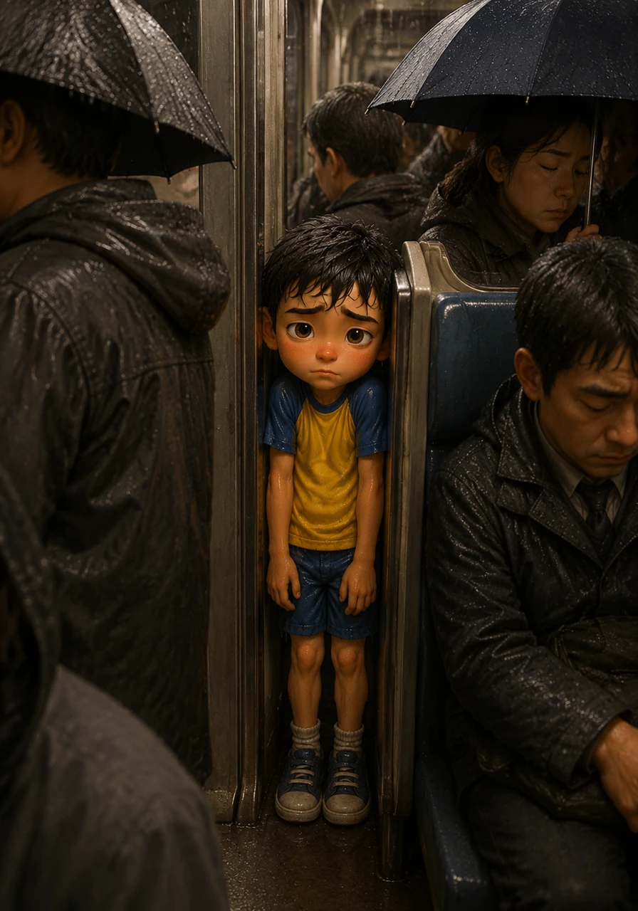 Leo squeezed into the narrow space between the door and a row of seats, feeling the humid air and the press of heavy coats. He felt incredibly small and insignificant, lost in a sea of tired faces and wet umbrellas.