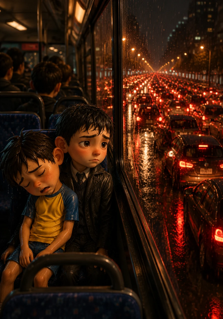 Outside the window, the city had ground to a halt as red brake lights reflected off the flooded streets. The bus crawled forward inch by inch, trapped in a metallic river of traffic that seemed to have no end.