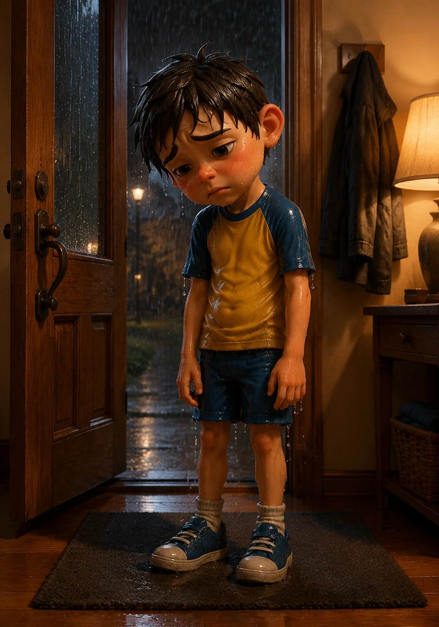 He reached his front door, a shivering figure drenched from head to toe, and felt the immediate warmth of home radiating from within. He stood on the mat for a moment, listening to the muffled sound of the rain still beating against the roof.