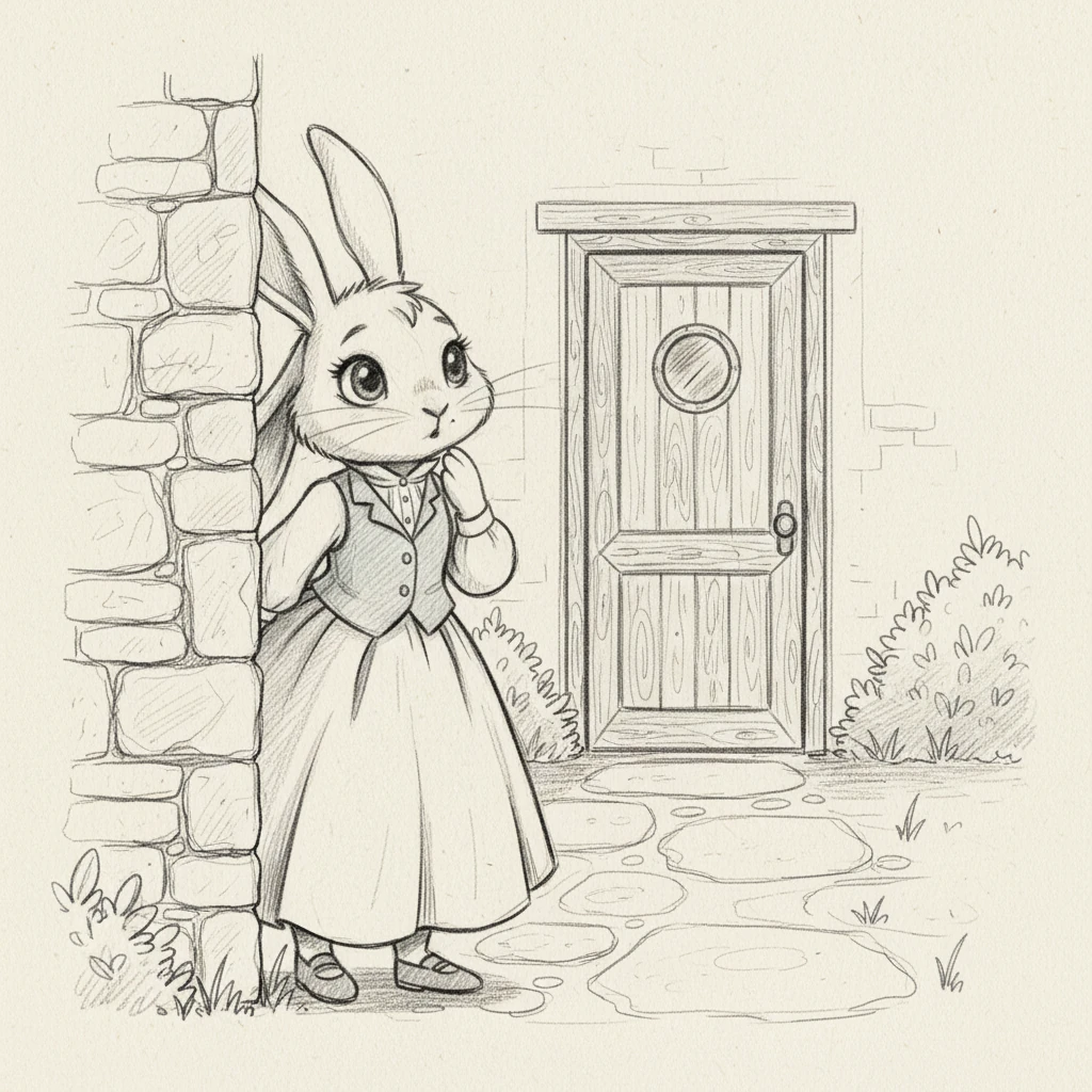 Lily waits patiently, her ears perked up, listening intently. She peeks around the corner, her gaze fixed on the quiet front door. "Where could my friends be?" she whispers, a tiny sigh escaping her.