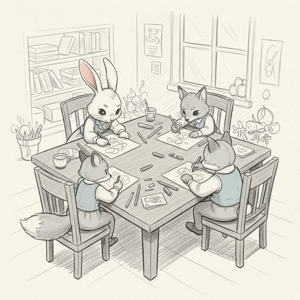 The friends gather around a big table, eager to create. Scribble, scribble, scribble! They draw with gusto, making colorful marks on their papers. Lily joins in, her own paws busily sketching.