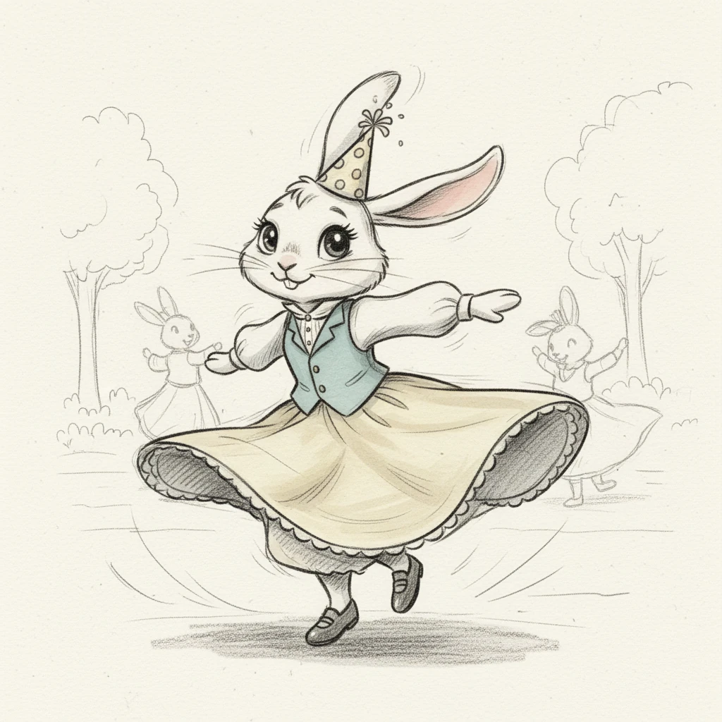 Next, the party turns into a joyful dance! Spin, spin, spin! Hop, hop, hop! The friends twirl and leap with delight. Lily spins gracefully, her ears flopping with every turn.