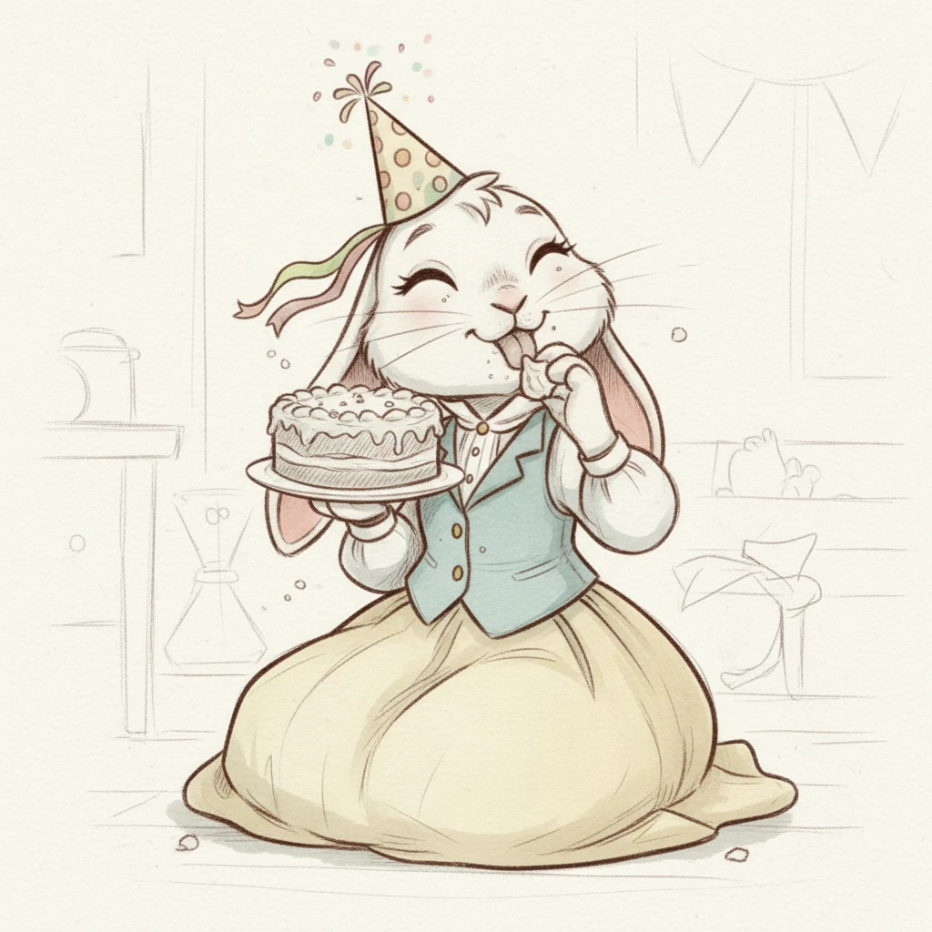 Now for the most delicious part – cake! Munch, munch, munch! Everyone enjoys the sweet, round birthday cake. Lily takes a big bite, licking the yummy icing from her paw with pure delight.