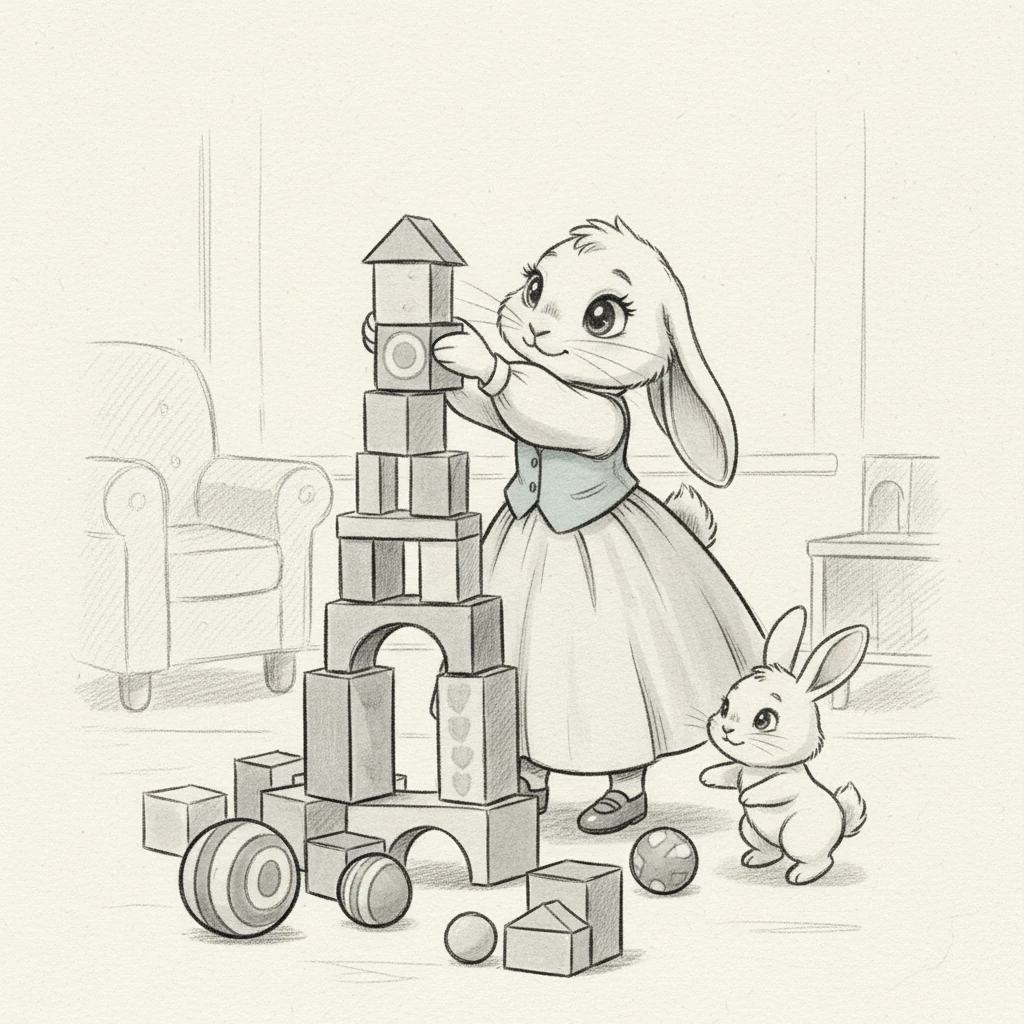 After cake, it's time for games! Build, build, build! Roll, roll, roll! The friends play with blocks and balls. Lily carefully stacks colorful blocks, building a tower taller than herself.