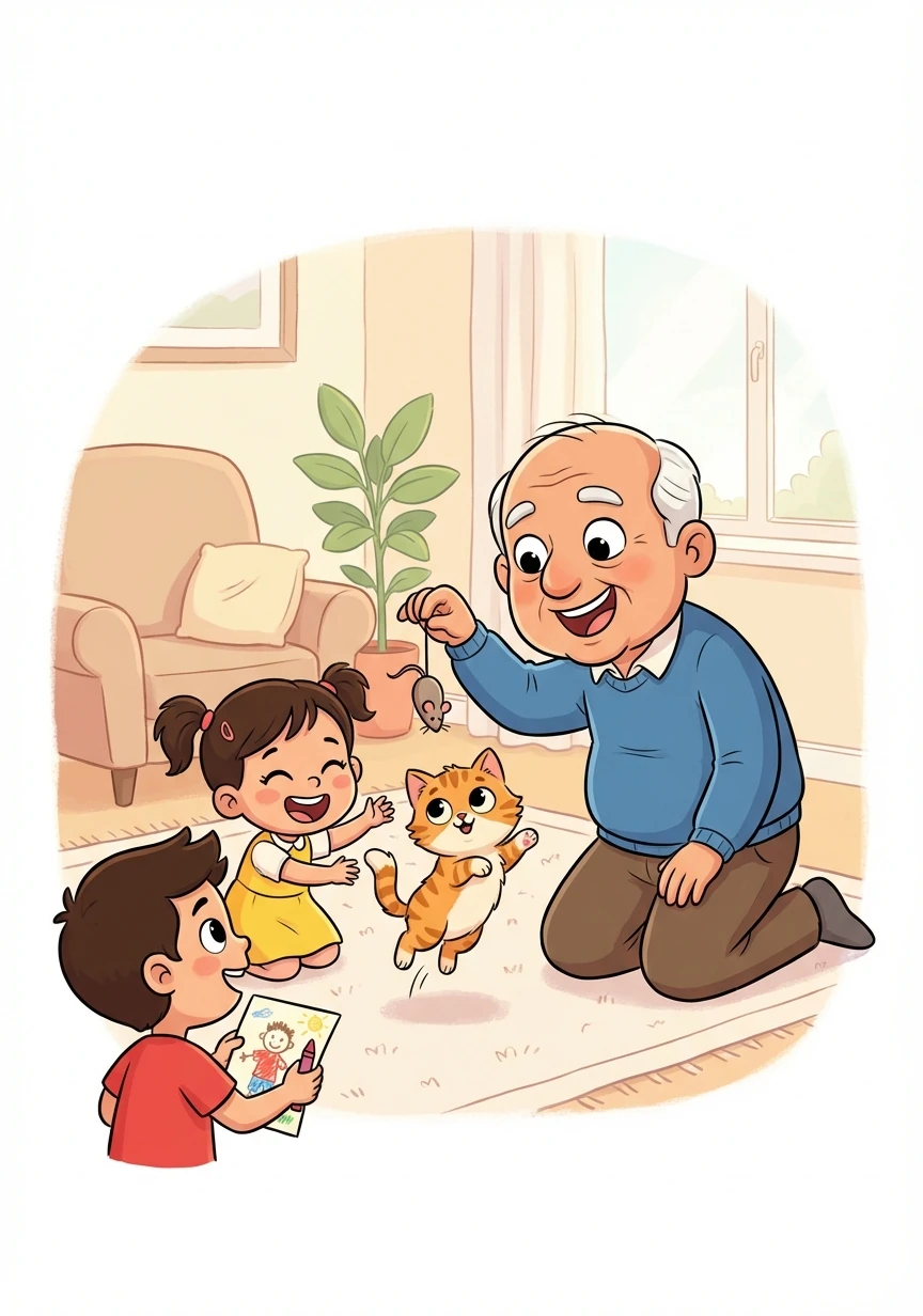 Years pass, filled with laughter, love, and the joys of raising a family. A playful kitten joins their cozy home, adding to the warmth and happiness. Later, grandchildren fill their lives with even more joy.