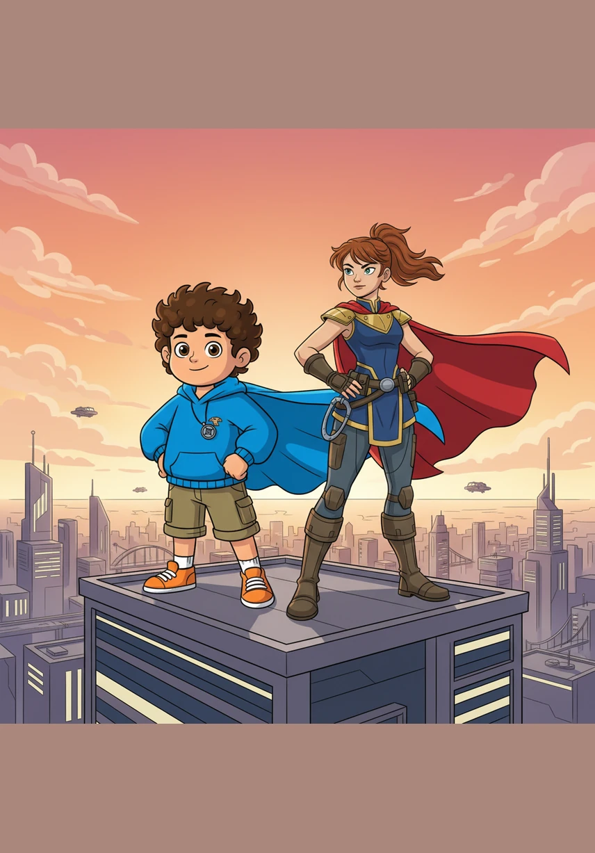 In a vibrant, sunlit city, a young boy named Zaid and his older sister Sara stand heroically atop a skyscraper. With their bright hero capes fluttering in the wind, they keep a watchful eye over the peaceful streets as the sun rises behind them.