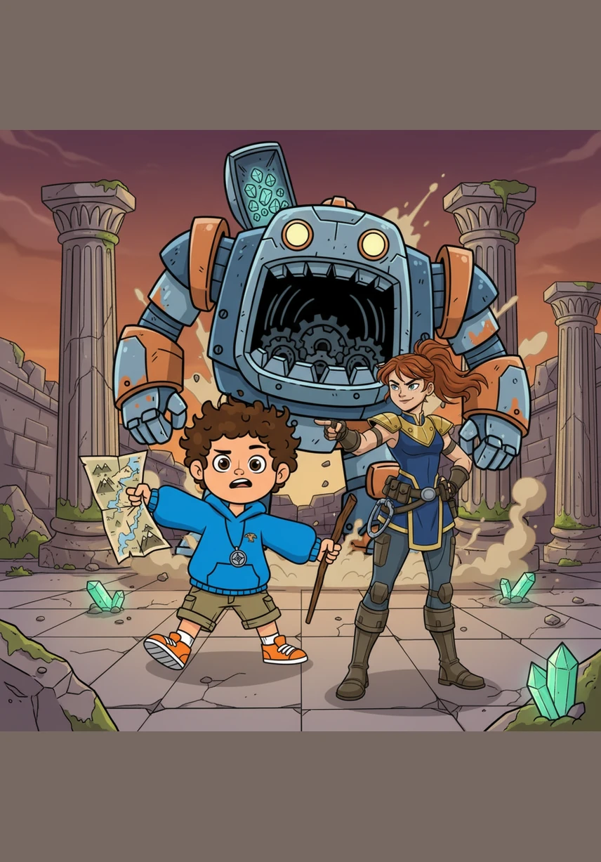 Suddenly, the ground begins to tremble and a thunderous metallic clanging echoes through the streets. A massive robot with glowing yellow eyes and a huge, hungry jaw emerges from behind the mountains, casting a long shadow over the town.