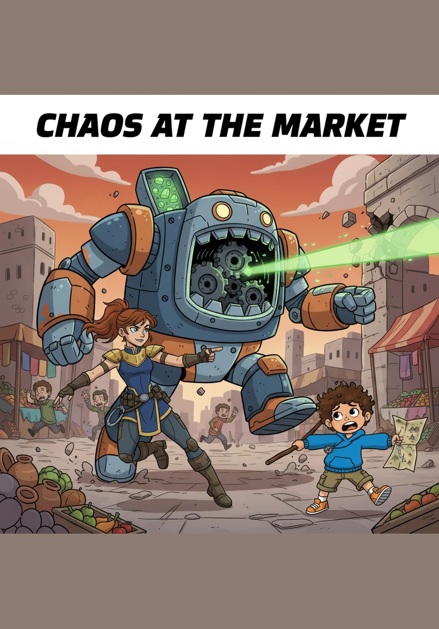 The giant robot begins to gobble up all the city's food, from baskets of crunchy red apples to loaves of fresh bread. It even starts reaching for the chocolate shops, making the frightened townspeople run in fear as their treats disappear.
