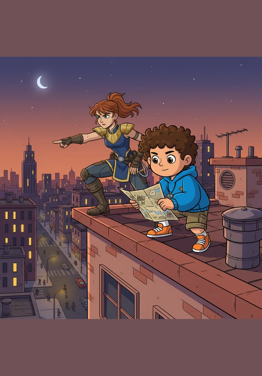Zaid and Sara watch the robot's movements from a nearby rooftop, realizing they need a clever plan to stop the hungry giant. They notice a small glowing panel on the robot's back and realize that is where its energy is stored.
