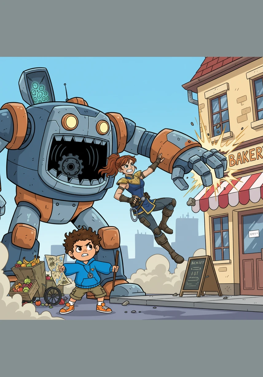 Sara leaps into action, using her super strength to grab the robot's massive iron arm just as it reaches for a bakery. She holds on tight, distracting the giant machine while Zaid prepares to make his move.
