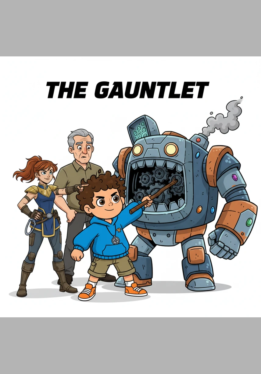 While the robot is busy trying to shake Sara off, Zaid quietly climbs up its metallic legs and reaches the hatch on its back. He carefully opens the panel to reveal the glowing energy stones that keep the robot moving.