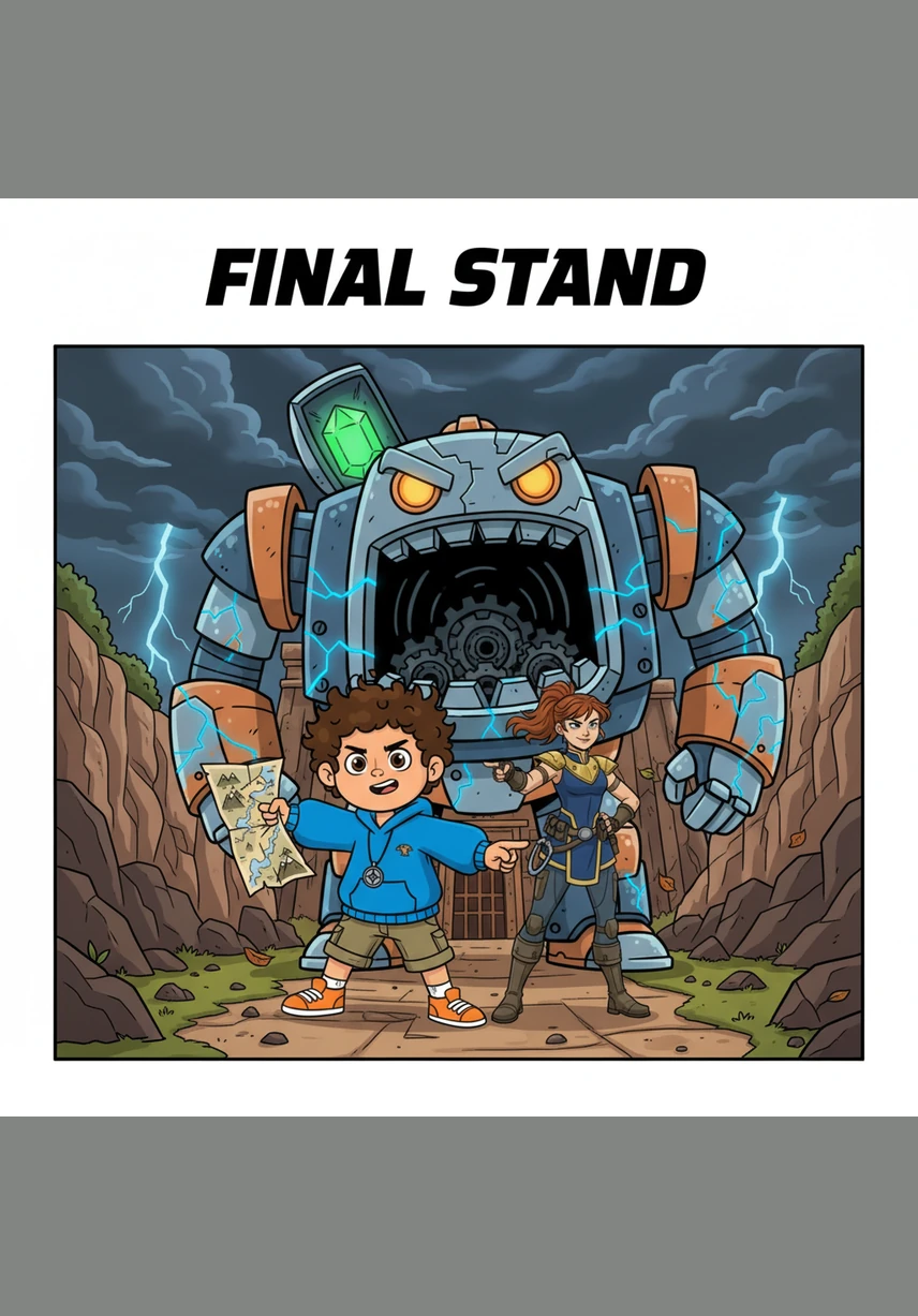 With a determined look, Zaid pulls the glowing stones out of their sockets, causing the robot's yellow eyes to flicker and dim. The giant machine slowly powers down and comes to a complete stop, standing still like a harmless statue.