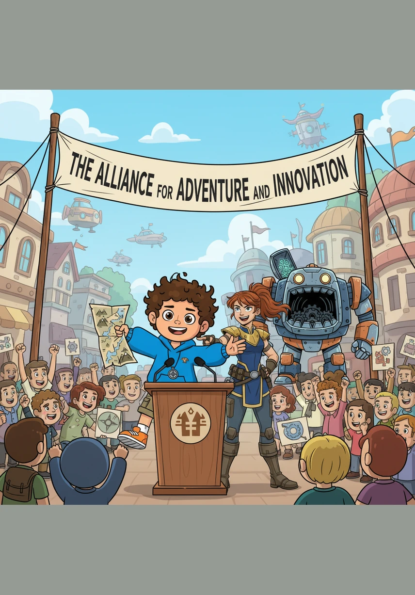 The heroes stand before the city's microphones and cameras to deliver a brave message to any other robots listening. They explain that their city is a place of peace, and anyone who tries to take what isn't theirs will lose their power.