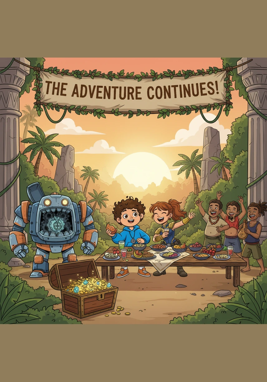 The grateful citizens throw a magnificent party for Zaid and Sara, featuring a giant three-tiered cake and endless chocolate. Afterward, the two heroes head home to relax on their cozy sofa, watching cartoons and enjoying the peace they worked so hard to keep.