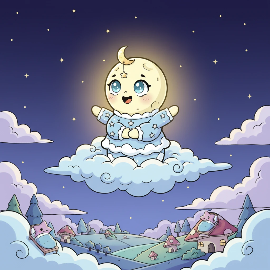 Milly Moon loved to shine, painting the night with her gentle glow. Every evening, she'd pop up in the sky, round and bright, ready to twinkle. Her light made the world below feel safe and warm, a perfect bedtime blanket.