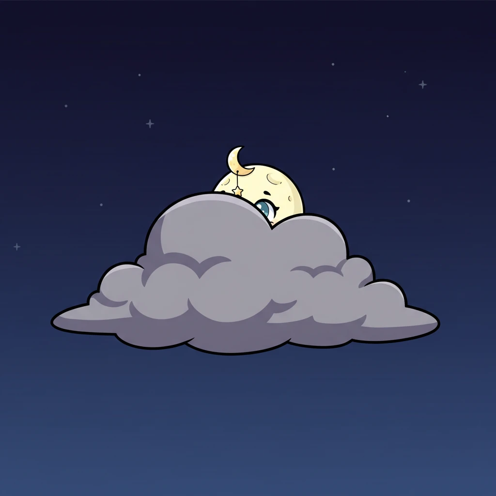One peek led to another, and soon, Milly Moon was completely hidden behind the big, soft cloud. The night sky grew much darker, and the usual silver glow was gone. Everything felt quieter without her bright face.
