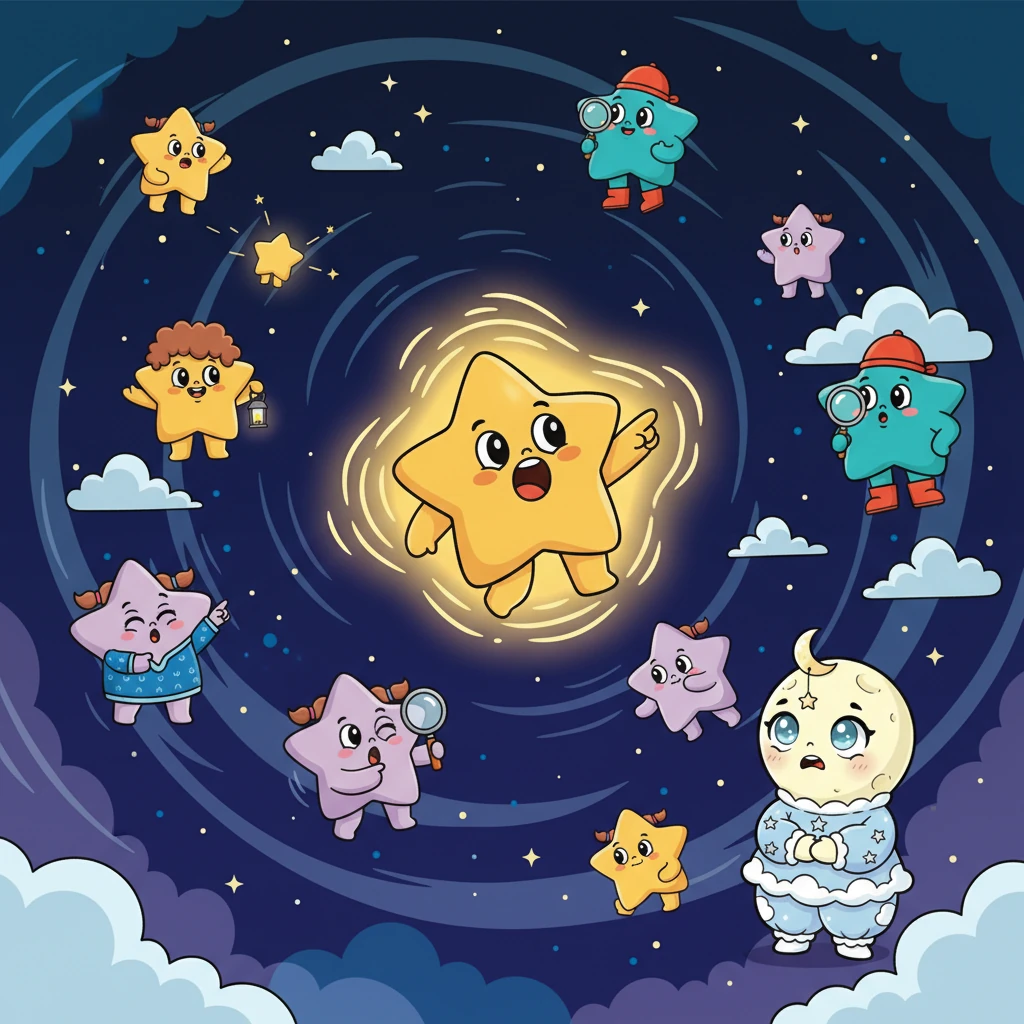 Brave Twinkle Star, the brightest of them all, decided enough was enough. 'We must find Milly!' she declared, her light pulsing with determination. All the stars began to zoom and swirl, searching every corner of the vast, dark sky.