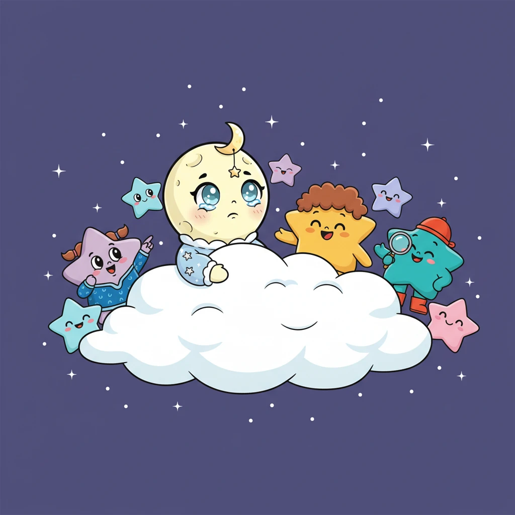 Milly peeked out from behind the cloud, her eyes big and a little watery. Twinkle Star smiled warmly, 'It's okay to feel shy sometimes, Milly. But we miss your beautiful light!' All the other stars cheered gently, their tiny lights blinking encouragingly.