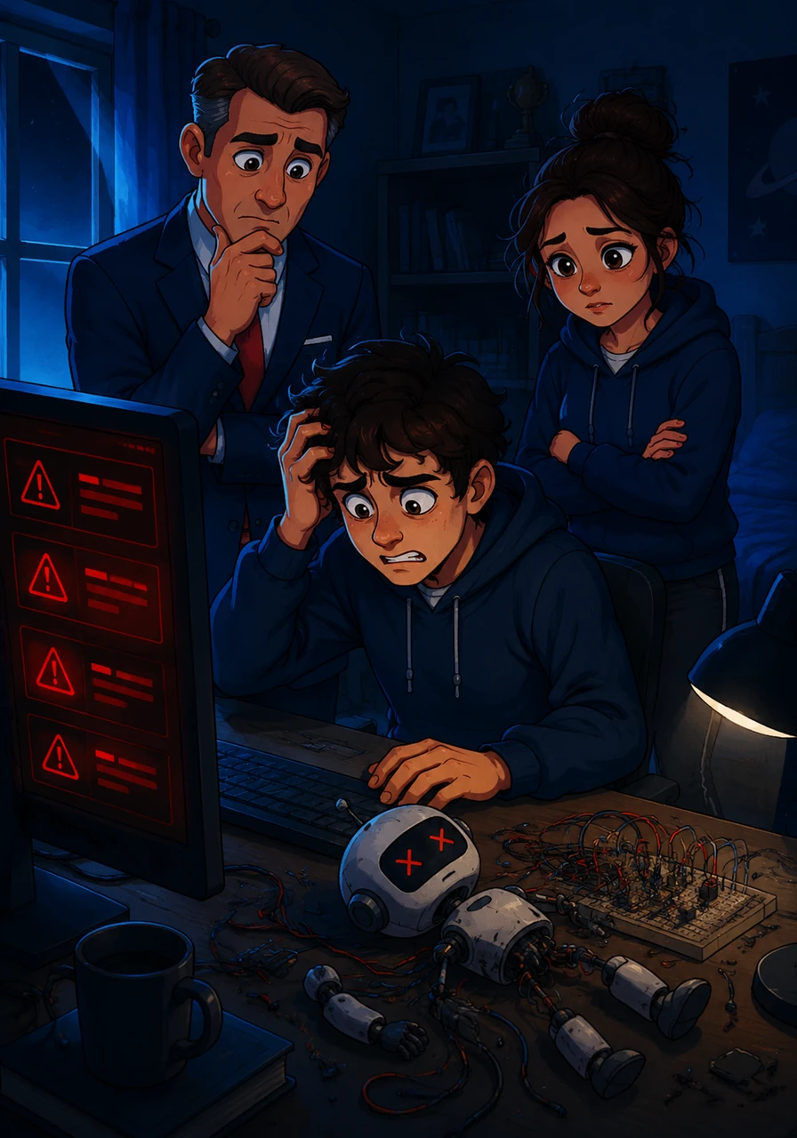Late at night, the glow of the monitor cast long, blue shadows across Caleb's bedroom. A wall of red error messages mocked his efforts, and no matter how many times he tried to fix the logic gates, his AI assistant remained broken.