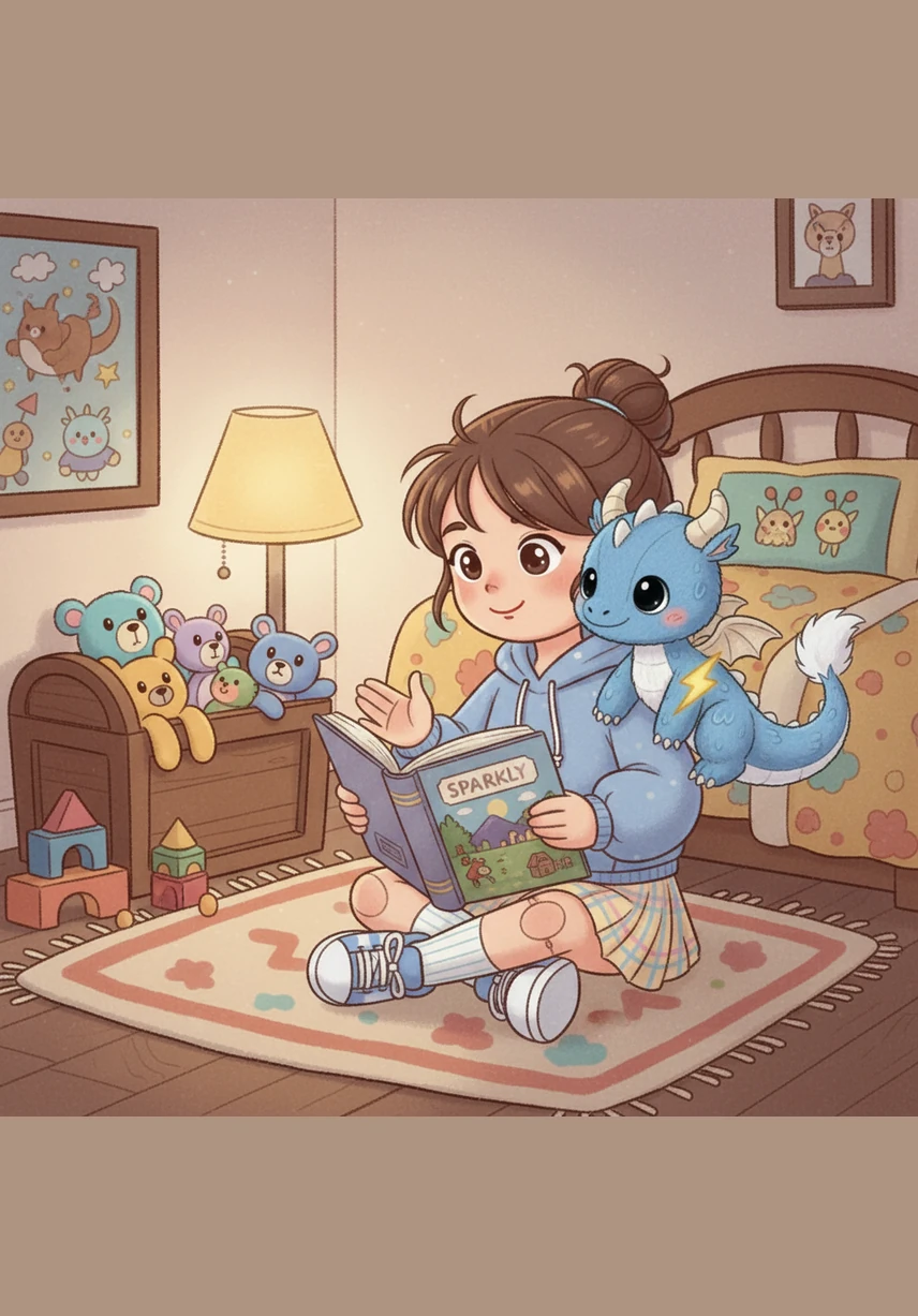 Sparky, a small dragon with scales like the summer sky, sat sadly at the edge of a thick history book. He dreamed of soaring through the real clouds and feeling the wind on his wings instead of being trapped as a still drawing on a yellowed page.