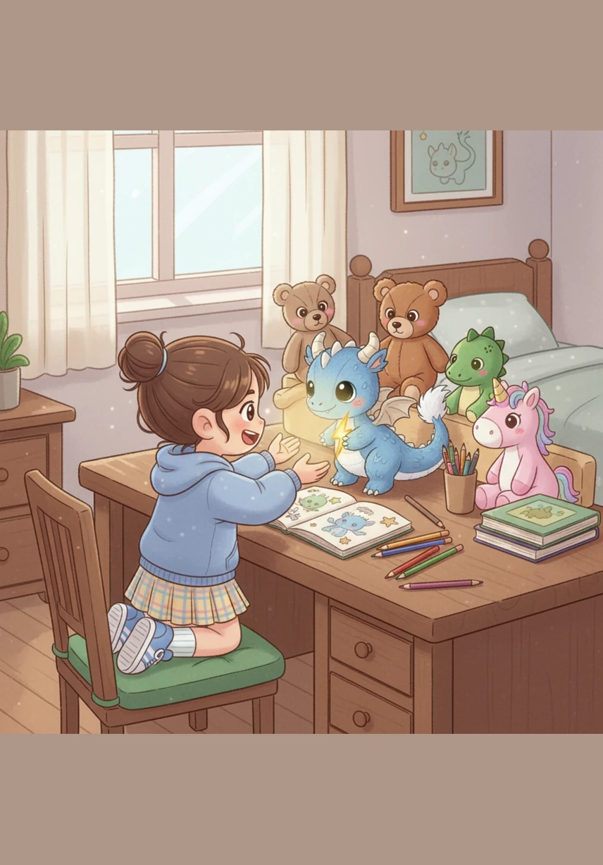 As the words left her lips, the pages began to shimmer with golden light and the air filled with a soft, musical hum. Suddenly, Sparky leaped from the paper, his scales turning a brilliant, shimmering blue as he landed gracefully right on Maya’s wooden desk.