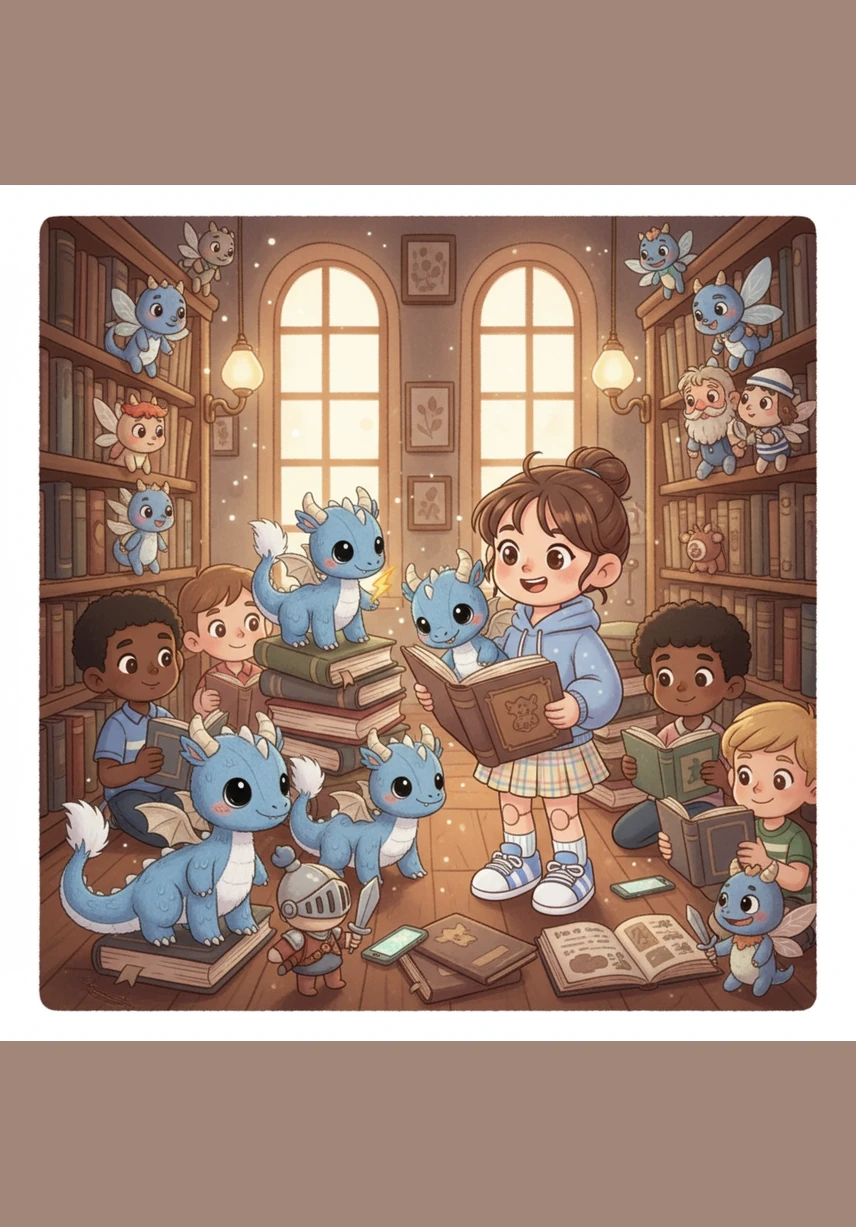 Soon, the library was buzzing with life as tiny knights, flower fairies, and old sailors emerged from their covers to share their incredible tales. Other students put down their phones in wonder, picking up books to join the magical chorus of storytellers.