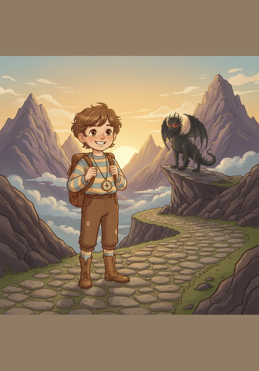 Zayan stands at the beginning of a winding cobblestone path, his traveling pack snug on his shoulders and a warm smile on his face. Ahead, majestic purple mountains rise against a golden sky, beckoning him toward the legendary and mysterious Silver Valley.