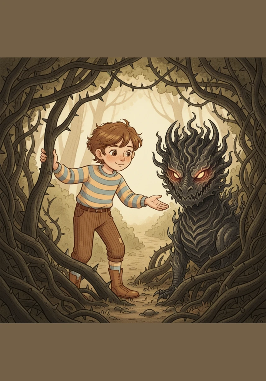 As he pushes through a dense thicket, Zayan discovers a large Grumpy Thorn with gleaming, sharp points and a furrowed brow. Despite its prickly exterior, the boy speaks kindly to it, inviting the lonely, misunderstood entity to join his journey.